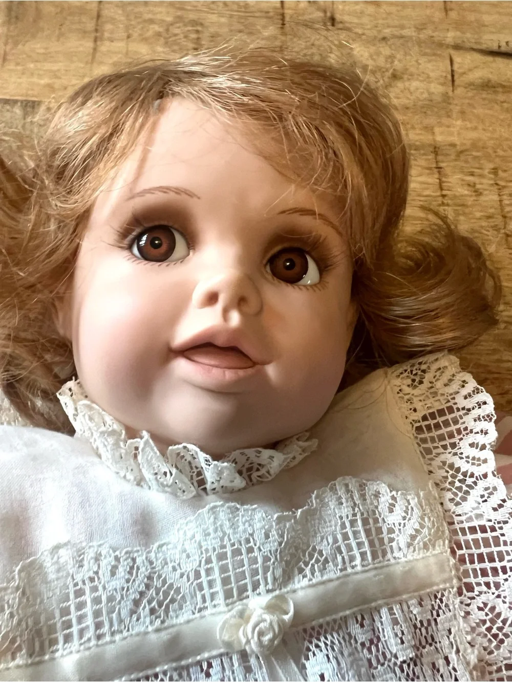 Dolls by Jerri 1990 Baby Doll in Pink & White Striped Lace Dress 20”